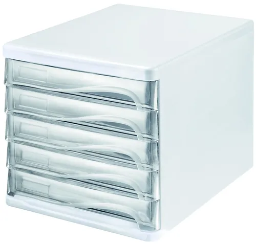 HELIT Organizer Schubladenbox - 5 Schübe, transparent lichtgrau, ideal für übersichtliche Ablage und Ordnung am Arbeitsplatz