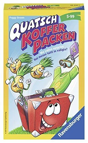 Quatsch Koffer packen - Mitbringspiel - Gesellschaftsspiel mit zwei Spielvarianten: Klassisch packen oder witzig mit Grimassen und Bewegungen! Perfekt für Partys und Familienabende.
