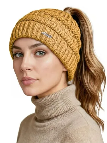 Neverless® Damen Strickmütze Mütze Zopfloch Grobstrick Ungefüttert Wintermütze Langhaar Frauen Senfgelb Unisize