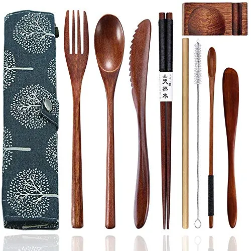 Holzutensilien zum Essen, wiederverwendbar, Besteck-Set mit Etui, 9-teiliges Reiseutensilien, Holz-Gabel und Löffel, Set aus Holz Besteck Set zum Essen mit Messer Gabel Löffel Essstäbchen