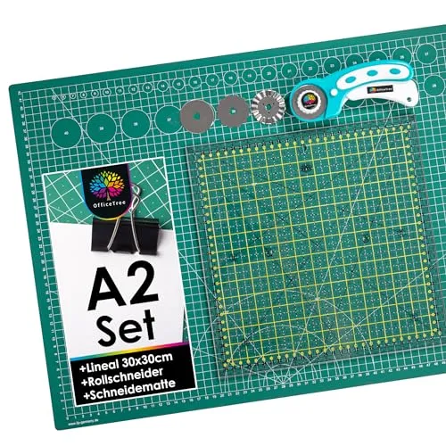OfficeTree Schneidematte Set A2 60x45 + Rollschneider + Patchwork Lineal 30x30 cm