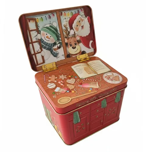 Weihnachtsdose mit Santa, Schneemann & Rentier in Backofen-Optik 14 cm x 11 cm x