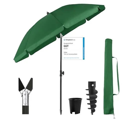 Sekey® 180 cm Sonnenschirm - Stabiler Strandschirm mit Bodenhülse - Sonnenschirm für Balkon, Garten & Strand: Verstellbar in Höhe und Neigungswinkel, bietet UPF 50+ Schutz und ist ideal für alle Wetterbedingungen. Robustes Gestell sorgt für Stabilität bei Wind.