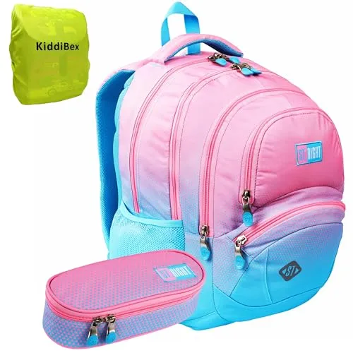 Schulrucksack Mädchen Set 3 Teilig - Schulrucksack ab 5. Klasse mit Brustgurt - Rucksack Schule, Schultasche (Pink Blau)