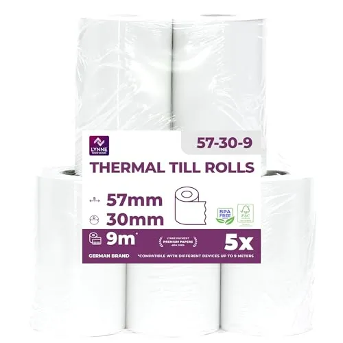 Ec-Cash Thermorollen 57mm x 9m x 12mm - Kassenrollen - Thermopapier - Bonrollen für Bankomat - Kredit-Kartenlesegeräte (57x30x12) (5 Rollen)