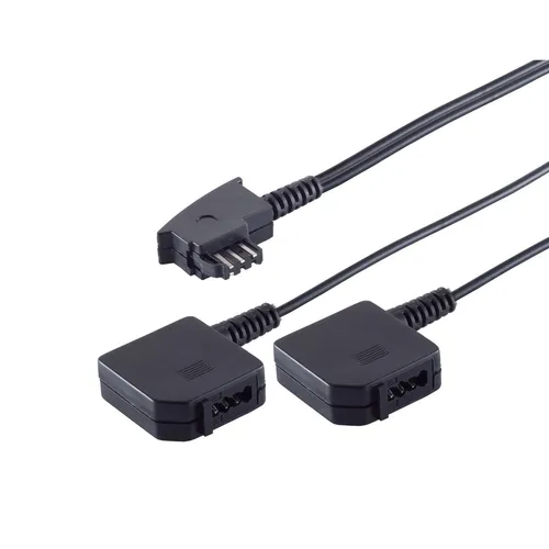 TAE F Verteiler Telefon Adapter Stecker auf 2x Kupplung Rundkabel 0,2m Schwarz