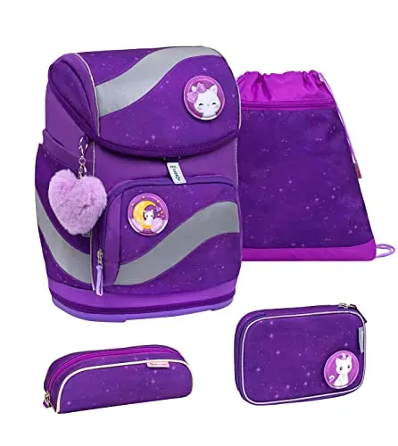 Belmil Schulranzen Smarty Set 5-teilig Purple Sky - Schulranzen Set mit Brust- und Hüftgurt für optimalen Tragekomfort, ideal für Grundschülerinnen. Farbe: Lila Himmel, Volumen: 20 Liter.