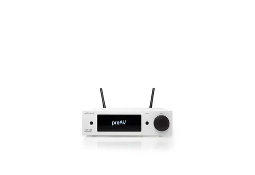 Nubert nuXinema preAV: Weißer AV-Vorverstärker für Surround-Sound - HiFi-Receiver mit Dolby Atmos® und DTS:X, drahtloser Lautsprecheranbindung und individueller Klangregelung für ein optimales Hörerlebnis.