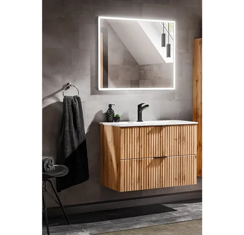 Lomadox Badmöbel-Set ADELAIDE-56, Wotaneiche Rillenoptik mit LED-Spiegel - Elegantes Badmöbel-Set ADELAIDE-56 in Wotaneiche Nb. mit stilvollen Rillenfronten. Inklusive LED-Spiegel und Softclose-System für komfortable Nutzung. Perfekt für moderne Badezimmer.