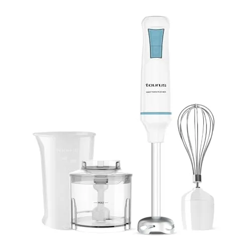 Taurus – Handmixer Robot 1000 Plus Edelstahl| 2 Geschwindigkeitsstufen + Turbo| Edelstahlklingen| Spritzschutzhaube| Ergonomisch| BPA-frei| Spülmaschinenfest| Mit Zubehör