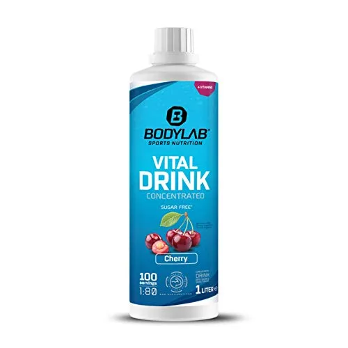 Bodylab24 Vital Drink Concentrated Kirsche 1000ml, Getränkekonzentrat zuckerfrei, Zero Sirup, mit Vitaminen und L-Carnitin, Sportgetränk mit wenig Kalorien