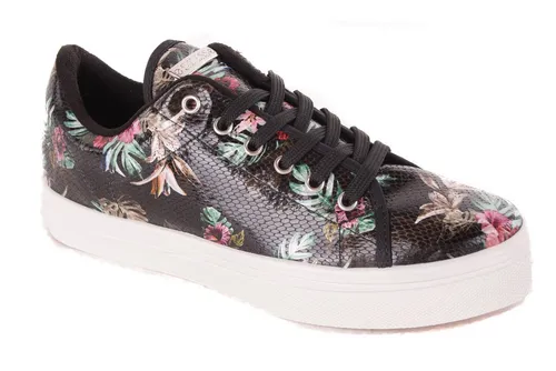 Guess Damen Sneaker Schnürschuhe Schwarz #572 - Sneaker in Schwarz mit glänzendem Blumenmuster, ideal für modebewusste Frauen. Der GUESS Damen Sneaker vereint Komfort und Stil.