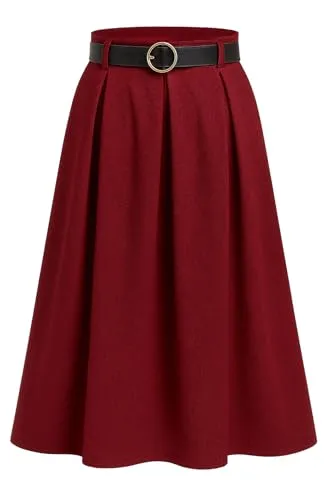 Mississhop 430 Damen A-Linien-Rock Eleganter Faltenrock mit Gürtel – mittellang Bordeaux