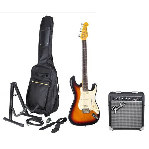 J & D E-Gitarren Set ST Vintage SB + Frontman 10 - E-Gitarren Set für Einsteiger mit Vintage Sunburst E-Gitarre und 10W Verstärker. Ideal für den Einstieg in die Welt der E-Gitarre. Inklusive praktischem Zubehör und robustem Gigbag.