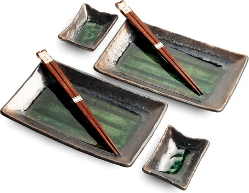 JAPAN ORIENTAL SUSHI TELLER SET - 6-teiliges Geschirr Set für 2 Personen - Vielseitiges 6-teiliges Set für Sushi-Liebhaber: 2 elegante Teller, 2 Schalen und 2 Essstäbchen. Ideal für besondere Anlässe oder als Geschenk. Hergestellt in Japan, pflegeleicht und stilvoll.