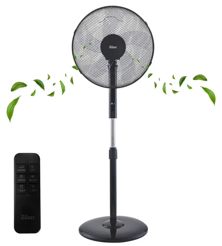 Zilan Standventilator ZLN-4642 – Oszillierend, Höhenverstellbar, Schwarz - Praktischer Standventilator mit 3 Geschwindigkeitsstufen und oszillierender Funktion. Ideal für entspannende Kühlung im Wohn- oder Arbeitsbereich. Höhenverstellbar und modern im Design.