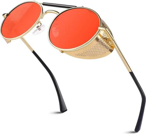 Sunier Runde Polarisierte Steampunk Sonnenbrille - Moderne Steampunk Sonnenbrille mit 100% UV-Schutz und polarisierten Gläsern für klare Sicht. Der verstellbare Rahmen sorgt für optimalen Komfort und passt sich individuell an.