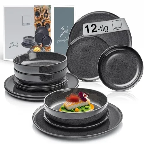 SÄNGER Teller Set Bali 12 tlg - Elegantes Geschirrset für 4 Personen - Tafelservice aus handgefertigtem Porzellan in Dunkel Grau mit Maserung, ideal für festliche Anlässe und platzsparend stapelbar.