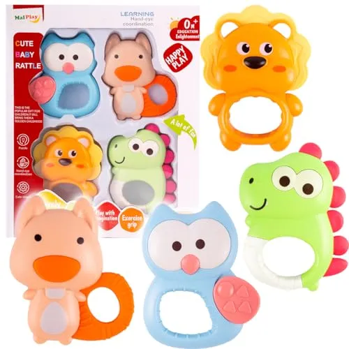 MalPlay Baby Rasseln 10teiliges Set Gummi Beißringe Zoo Sensory Tiere Babyrassel Greifspielzeug für Kinder ab Geburt