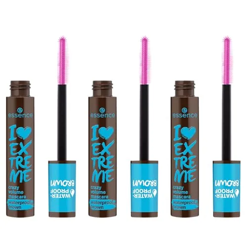 essence I LOVE EXTREME crazy volume mascara waterproof brown, Nr. 01, Braun, langanhaltend, schwunggebend, vegan, wasserfest, ohne Mikroplastikpartikel, Nanopartikel frei, 3er Pack (3x12ml)