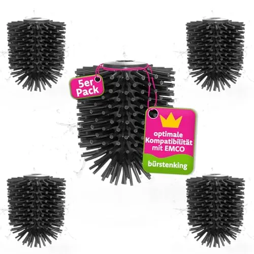 Bürstenking Silikon WC Ersatzbürstenkopf, 69 mm, Toilettenbürstenkopf Set passend für Emco WC Garnituren, Silikon Ersatzklobürstenkopf, mit M12 Innengewinde, 5 Stück, schwarz