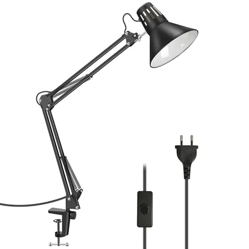 Milpoel Schreibtischlampe Retro, Klemmbare Tischlampe E27, Metall, Gelenkarm, schwenkbar, Tageslichtlampe Schreibtisch leuchte (Schwarz)