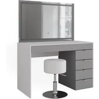 Vicco Schminktisch Elise Weiß Grau - Moderne Frisiertisch mit LED-Spiegel und Hocker, ideal für Ihr Schlafzimmer und bietet praktische Schubladen für Make-Up und Styling.