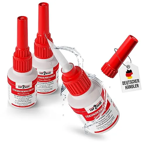 TOP2GLUE Sekundenkleber dünnflüssig 50g Industriequalität für Handwerk Haushalt Hobby Modellbau Anpassbare Düse mit Spezialverschluss XXL-Flasche (3 Flaschen)