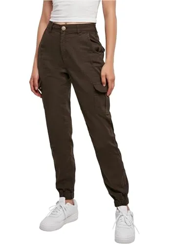 Urban Classics Damen High Waist Cargo Pants 31 Brown - Damen-Hosen mit hohem Bund, praktischen Cargo-Taschen und elastischen Bündchen für einen modernen, bequemen Look.