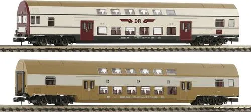 Fleischmann N 6260074 Wagenset 2 Doppelstockwagen der DR - Personenwagen im Maßstab 1:160, ideal für Modellbahnanlagen der Epoche IV mit originalgetreuen Farben der Deutschen Reichsbahn.