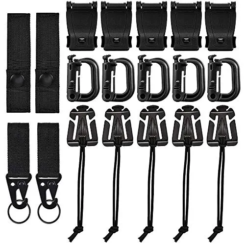 XAVSWRDE 19 Stück Molle Zubehör MultifunktionTactical Bag Clip Molle Karabiner Haken Molle Gurtbänder Molle Keychain Clip Molle Strap Attachments für Taktische Rucksäcke Schwarz
