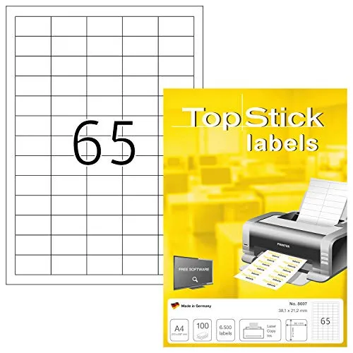 TopStick 8697 Universal Etiketten, 100 Blatt, 38,1 x 21,2 mm, 65 pro A4 Bogen, 6500 Stück, selbstklebend, bedruckbar, matt, blanko Papier Klebeetiketten Aufkleber, weiß, Packaging may vary