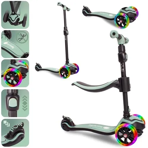 sun baby Roller Scooter Kinder – 3 Jahre, LED-Räder & abnehmbarer Sitz (Grün) - Kinderscooter mit leichten 4,6 kg, leuchtenden LED-Rädern und abnehmbarer Lenkstange, die in ein Skateboard verwandelt werden kann. Verstellbare Lenkerhöhe und komfortabler Sitz für endlosen Spaß!