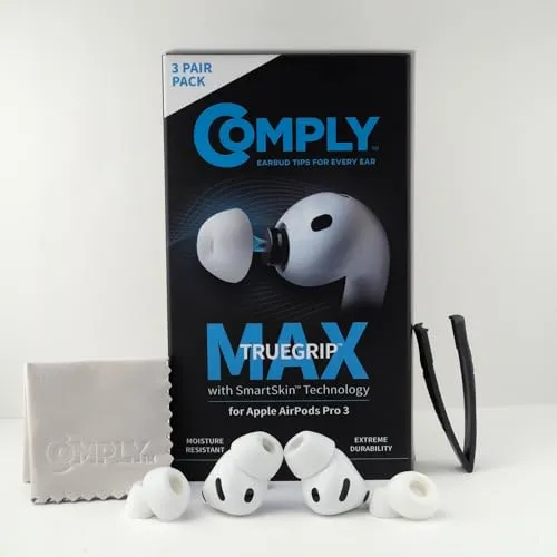 Comply TrueGrip MAX | Premium Memory Schaumstoff Ohrstöpsel für Apple AirPods Pro 3 | SmartSkin™-Technologie | Weiß, Größe M, 3 Paar - Optimale Passform für Ihre AirPods Pro 3. Die innovative SmartSkin-Technologie sorgt für überlegenen Komfort und Geräuschisolierung. Ideal für alle, die Klangqualität schätzen. Latexfrei und hautverträglich für den täglichen Gebrauch.