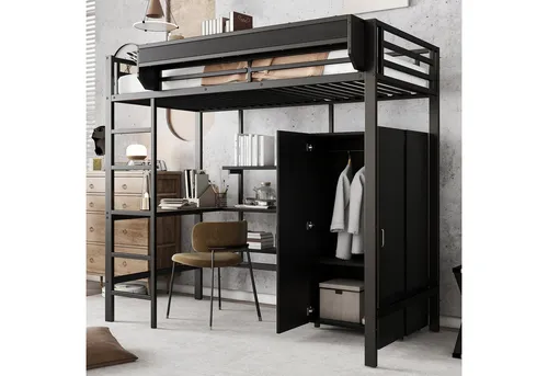 Flieks Hochbett Metallbett Kinderbett 90x200cm mit Tisch und Regal - Kompaktes Hochbett mit integriertem Tisch und Regal, ideal für kleine Räume. Belastbar bis 120kg, bietet es eine praktische Lösung für das Kinderzimmer.
