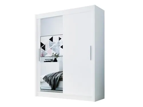 Easy4You D1 Schiebetüren Kleiderschrank 150 cm mit Spiegel - Kleiderschrank mit Spiegel, ideal für Schlafzimmer; ausgestattet mit 5 Einlegeböden und einer Stange für optimale Aufbewahrung.