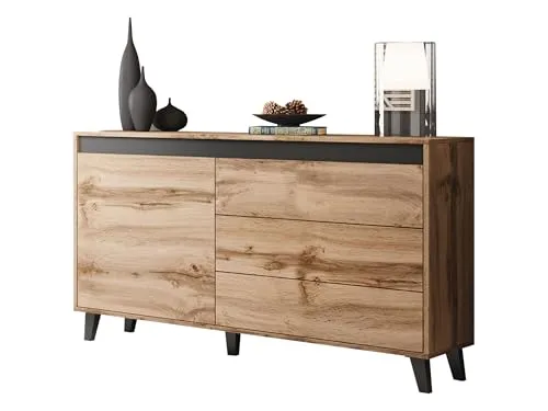 MIRJAN24 Kommode Nord - Stilvolles Sideboard mit drei Schubladen - Kommode in Wotan Eiche, mit grifflosem 