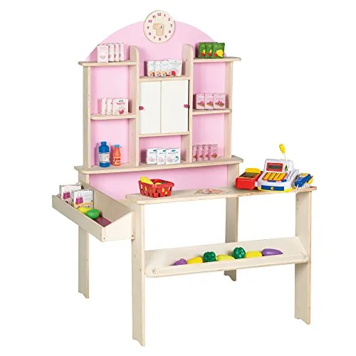 roba Kaufladen mit Zubehör und elektronischer Kasse - Holz Kaufladen in rosa-weiß, ideal für Kinder von 3-4 Jahren, fördert kreatives Spielen und Rollenspiele.