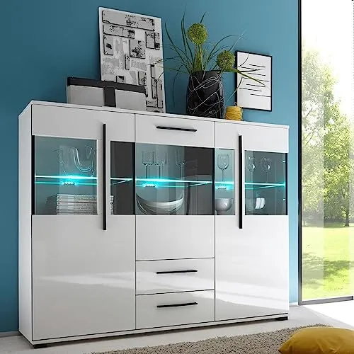Lomadox Highboard COLORADO-61, Modernes Hochglanz Möbel mit LED und Grauglas - Hochglanz Highboard COLORADO-61 mit LED-Beleuchtung, moderne Wohnzimmermöbel in stilvollem Design. Soft-Close-Schubladen und ESG-Sicherheitsglas bieten Funktionalität und Eleganz.