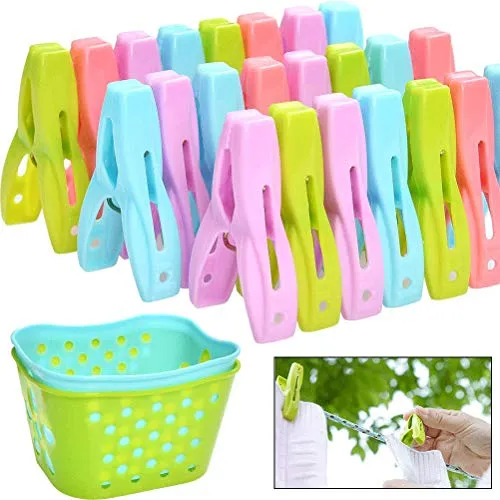 BUYGOO Wäscheklammern mit Wäschekorb 72er Set - Windfeste Wäscheklammern aus stabilem Kunststoff mit Soft-Grip & breiter Fläche zum Zudrücken in 4 Farben, Klammern für Wäscheleine oder Wäscheständer