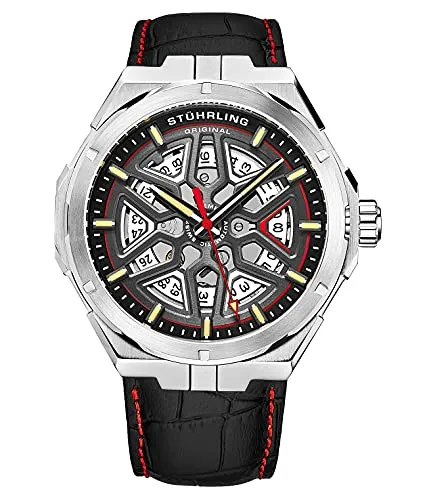 Stuhrling Original Schweizer Automatikuhr – selbstaufziehende Herren-Kleideruhr Herren Leder-Armbanduhr mechanische Skelett-Uhren für Herren schwarz