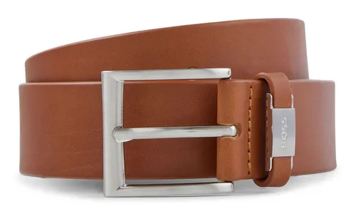 BOSS Herren Gürtel Connio, Modern, 210 Medium Brown, 95 - Herren-Gürtel aus hochwertigem Rindsleder mit silberfarbener Dornschließe und stilvollem Logo-Besatz, ideal für elegante Outfits.