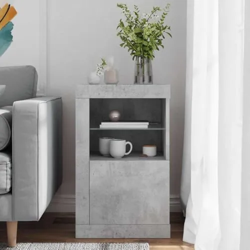 vidaXL Beistellschrank mit LED-Leuchten in Betongrau - Gartenschrank aus langlebigem Holzwerkstoff mit RGB-LED-Beleuchtung für modernes Ambiente und viel Stauraum. Flexibel montierbare Tür für individuelle Nutzung.