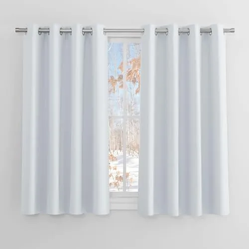PONY DANCE Thermogardinen Kälteschutz Ösenschal 2er Set H 137 x B 117 cm Verdunkelungsvorhang Weiss Vorhänge Wohnzimmer Modern Kurz Thermal Curtains, Grau-weiß