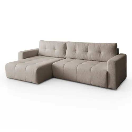 Margaret Hadas24 Ecksofa L-Form Viola 261 x 143 cm mit Schlaffunktion, Bettkasten, modernes Sofa, Schlafsofa, Schlafcouch, Lammfelloptik, Bequeme Wohnlandschaft, Stauraum, universale Seite (beige)