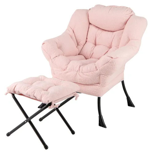 COSTWAY Sessel mit Hocker, Relaxsessel mit Armlehnen, Seitentasche & Fußstütze, Loungesessel, Fernsehsessel, gepolsterter Ohrensessel, Plüsch Rosa