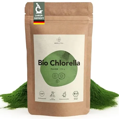 BIONUTRA® Bio Chlorella Pulver – 250 g, nach EU-ÖKO-Standard hergestellt, rückstandskontrolliert, ohne Zusätze, vegan, laktose- & glutenfrei, aus reinem Chlorella Bio Algenpulver