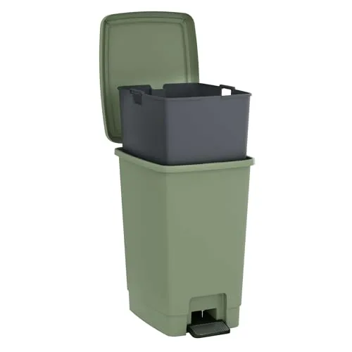 Sundis Bucket Bin, Mülleimer 30l mit Pedal, mit Inneneimer, aus recyceltem Kunststoff, rechteckig, Salbeigrün, für Küche, Büro, Waschküche, Garage, Werkstatt