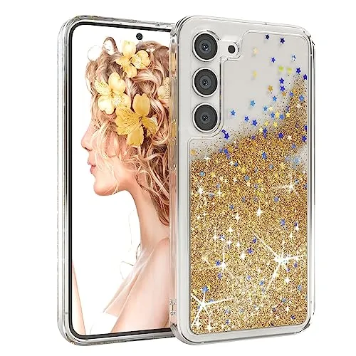 EAZY CASE Hülle kompatibel mit Samsung Galaxy S23 Schutzhülle mit Flüssig-Glitzer, Handyhülle, Schutzhülle, Back Cover mit Glitter Flüssigkeit, TPU/Silikon, Transparent/Durchsichtig, Gold