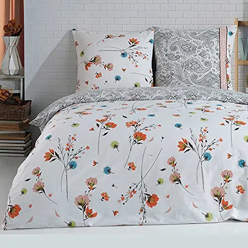 Buymax Bettwäsche Adalia, 3-teiliges Set 200x220 cm, 100% Baumwolle - Bettwäsche-Set in Weiß und Orange mit floralem Muster, aus hautfreundlichem Renforcé, ideal für erholsamen Schlaf und einfache Pflege bei 40°C.